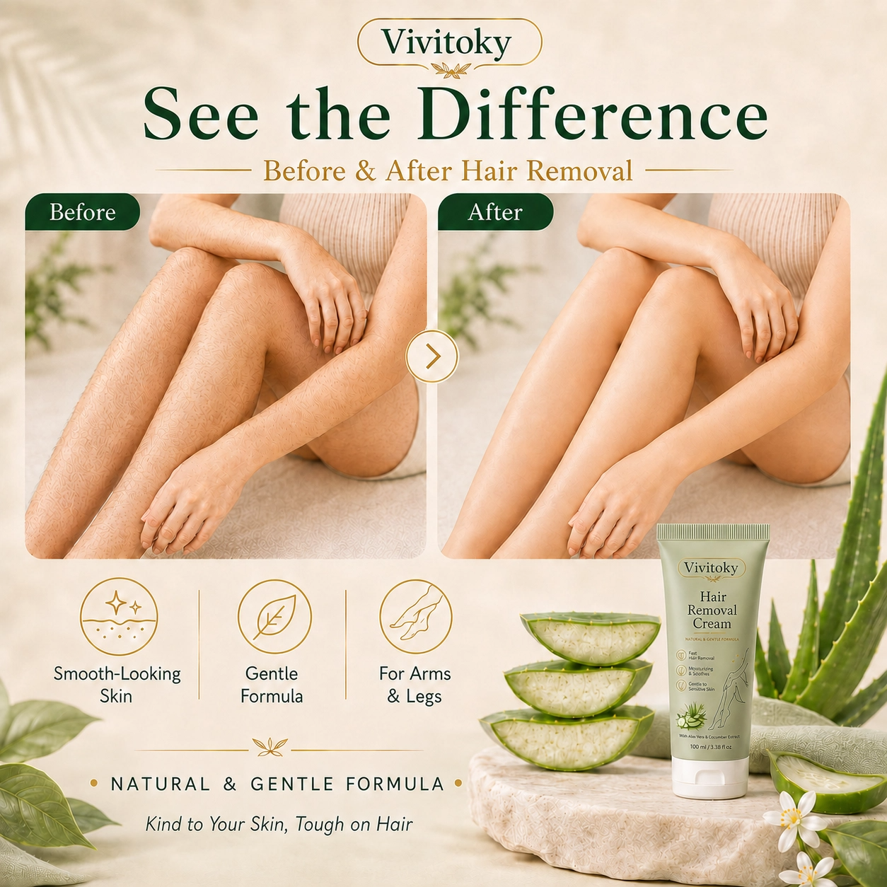 Vivitok Natural Gentle Hair Removal Cream | For Women & Men, Sensitive Skin