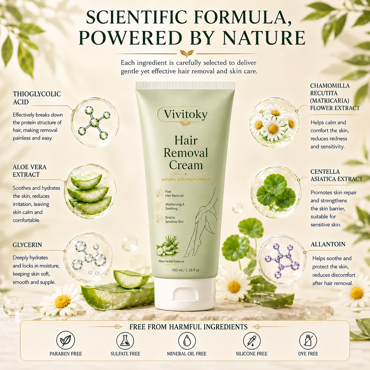 Vivitok Natural Gentle Hair Removal Cream | For Women & Men, Sensitive Skin