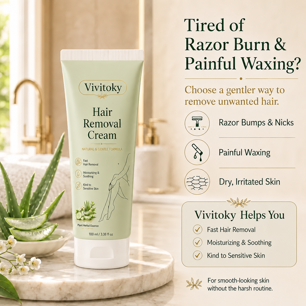 Vivitok Natural Gentle Hair Removal Cream | For Women & Men, Sensitive Skin